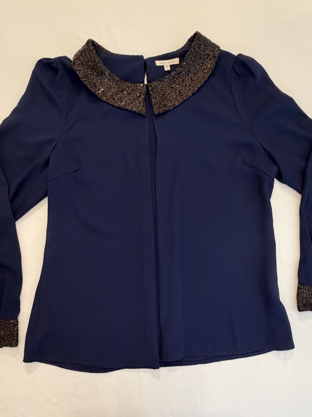Under Skies Navy Blue Blouse with Sequined Peter Pan Collar & Sleeves Size L